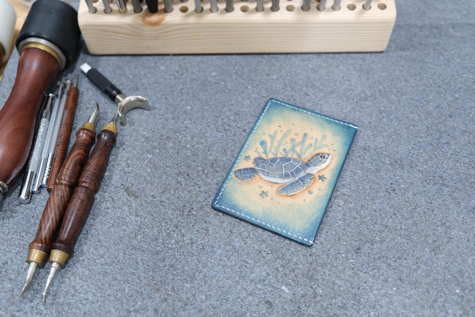 Leather Card Holder with Hand-Carved Sea Turtle – Handmade Slim Wallet, Marine Life Card Wallet - Image 3