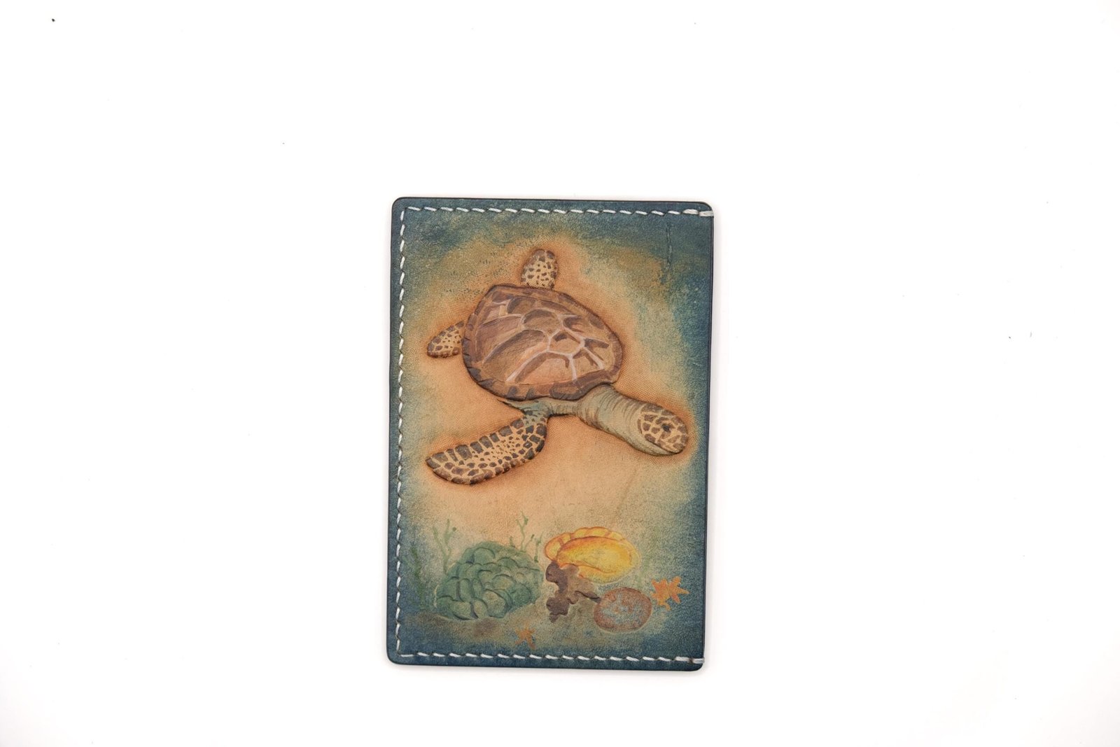Leather Card Holder with Sea Turtle – Hand-Carved Ocean Wallet, Hawaiian Marine Life Art, Gift for Ocean Lovers