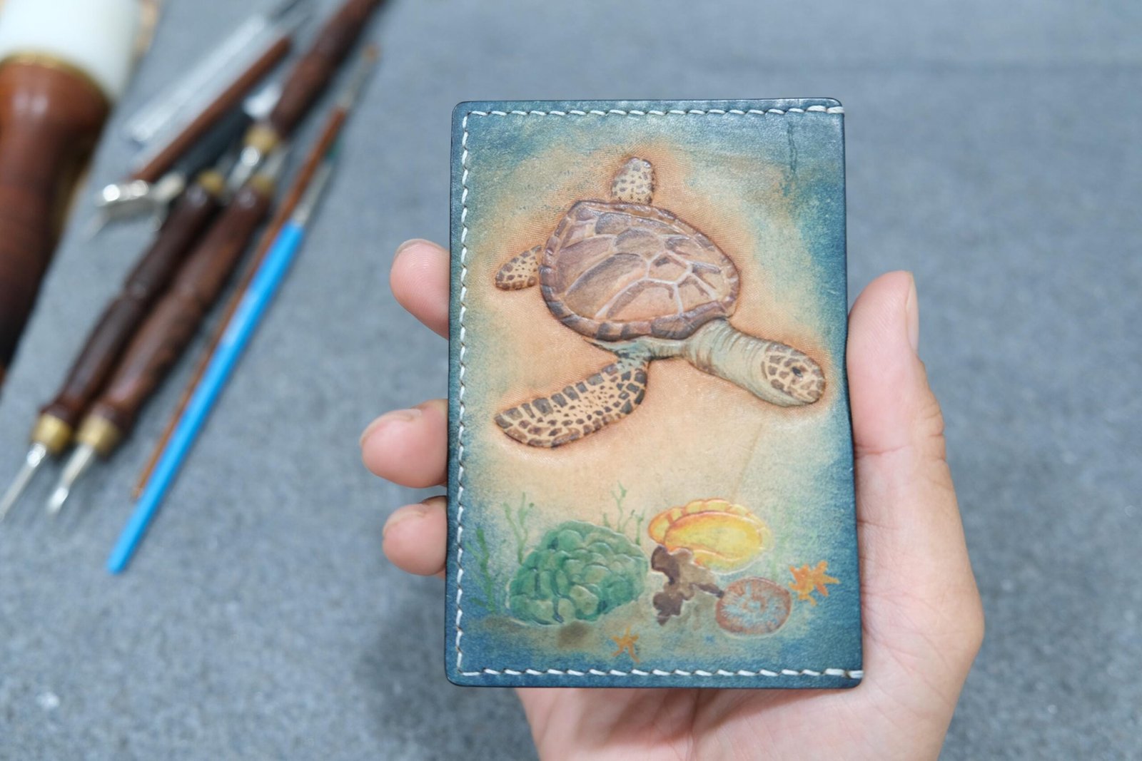Leather Card Holder with Sea Turtle – Hand-Carved Ocean Wallet, Hawaiian Marine Life Art, Gift for Ocean Lovers - Image 3