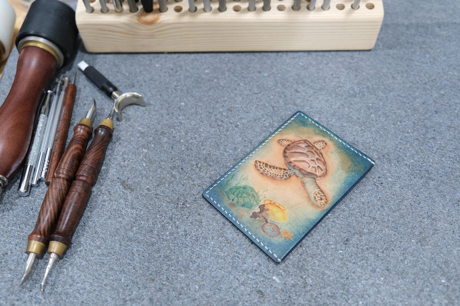 Leather Card Holder with Sea Turtle – Hand-Carved Ocean Wallet, Hawaiian Marine Life Art, Gift for Ocean Lovers - Image 2