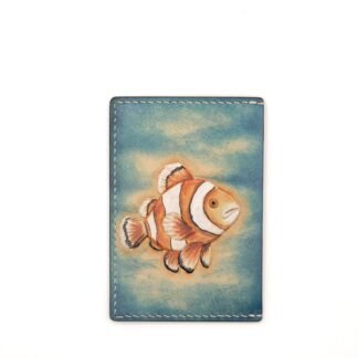 Leather Card Holder with Hand-Carved Clownfish – Ocean Art Leather Wallet, Gift for Him or Her