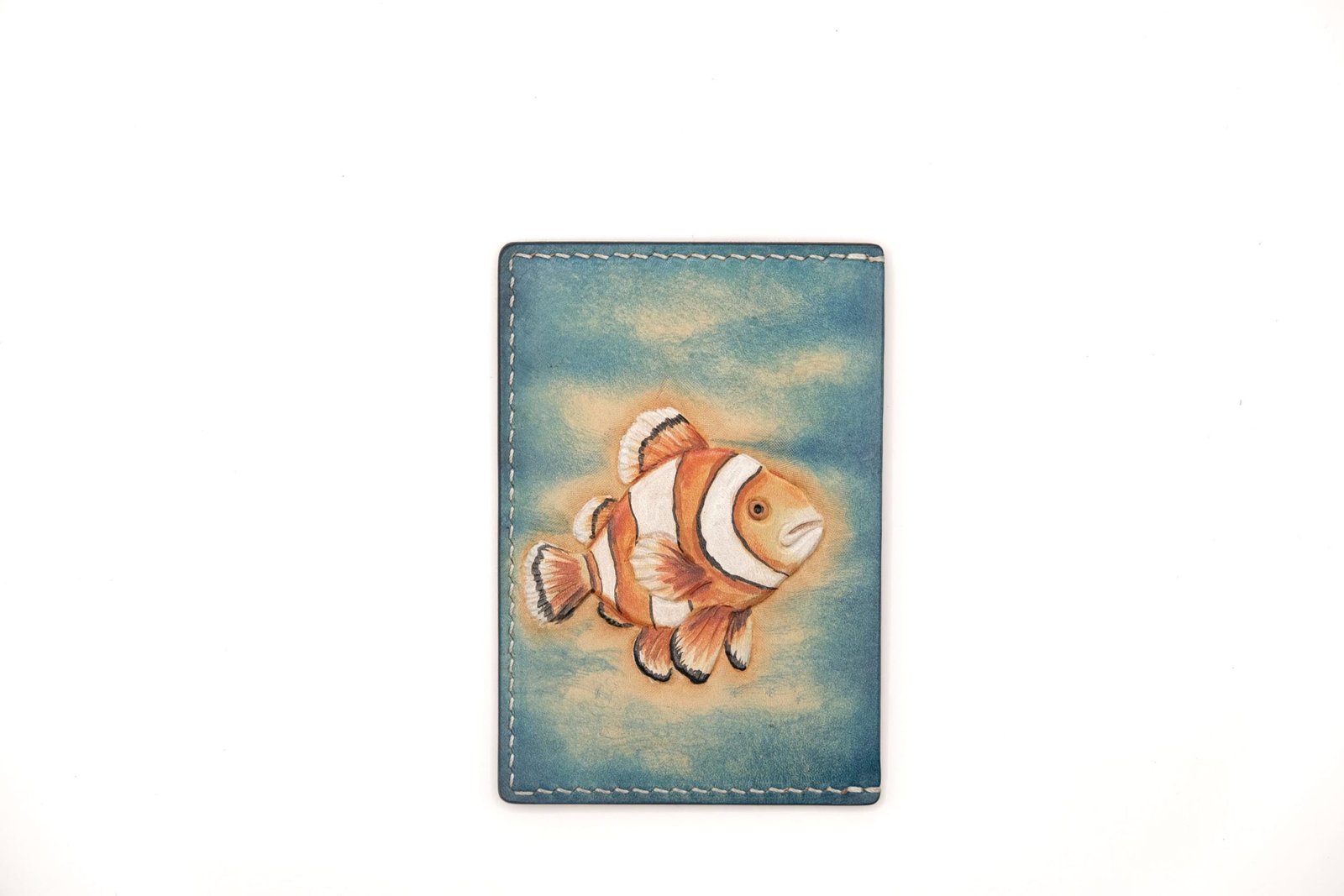 Leather Card Holder with Hand-Carved Clownfish – Ocean Art Leather Wallet, Gift for Him or Her