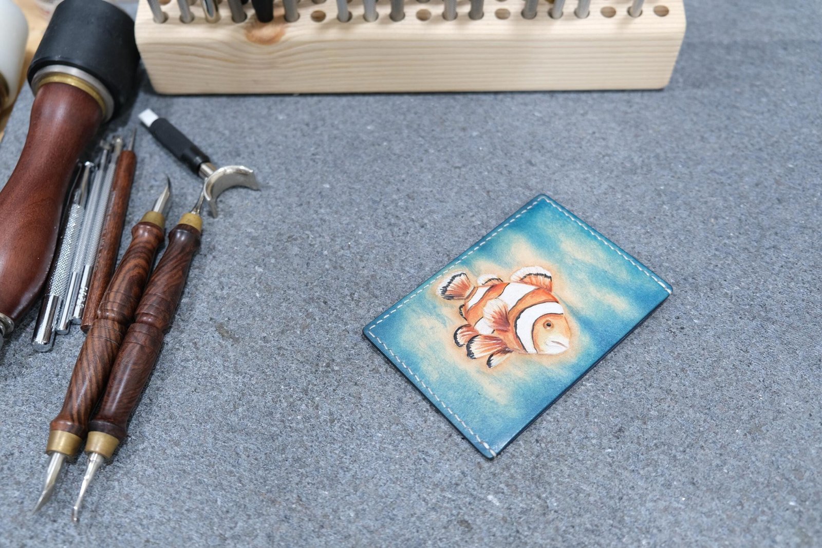 Leather Card Holder with Hand-Carved Clownfish – Ocean Art Leather Wallet, Gift for Him or Her - Image 3