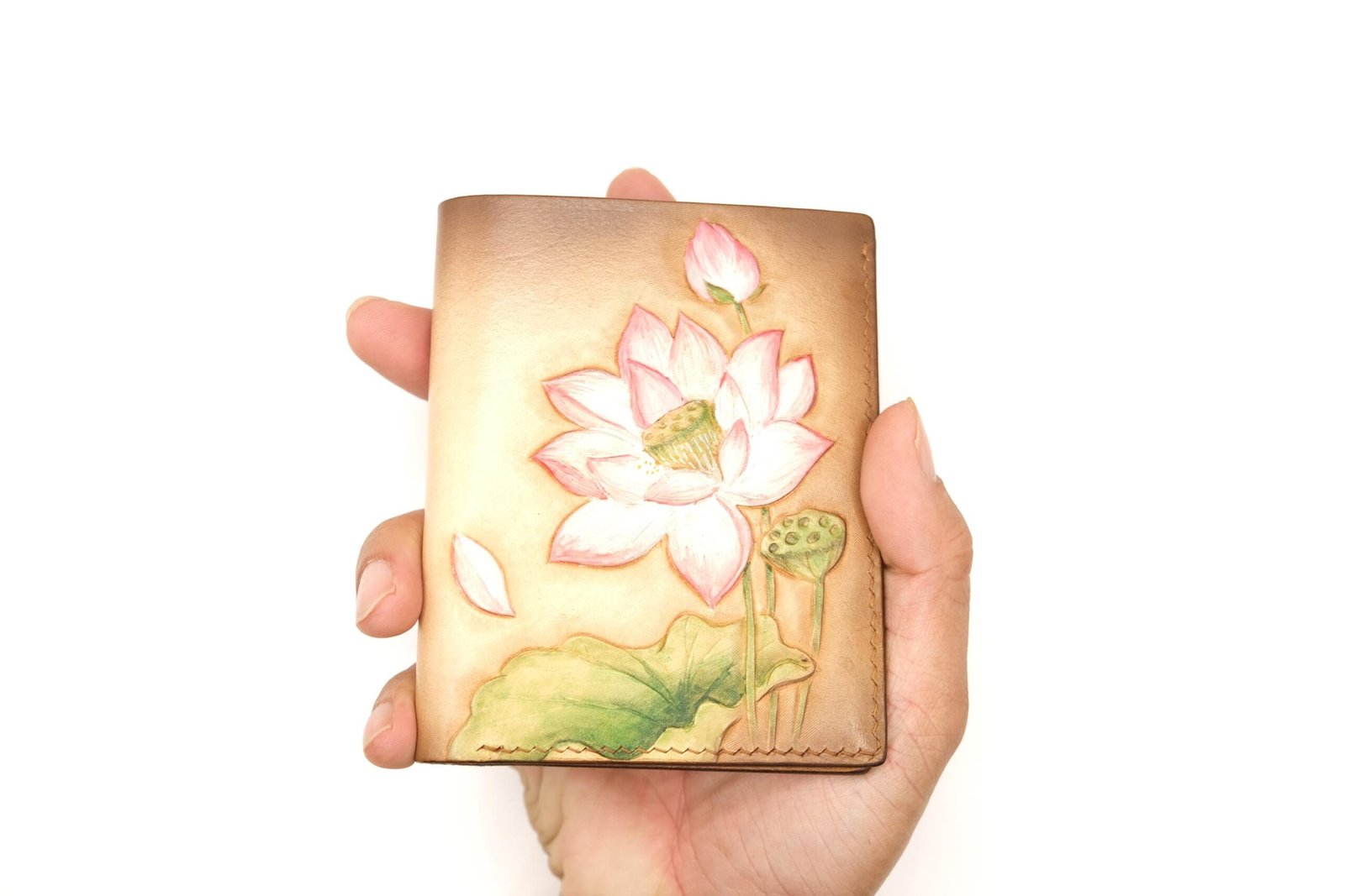 Tall Bifold Leather Wallet with Hand-Carved Lotus Flower – Floral Leather Wallet – Handmade Women’s Wallet - Image 6