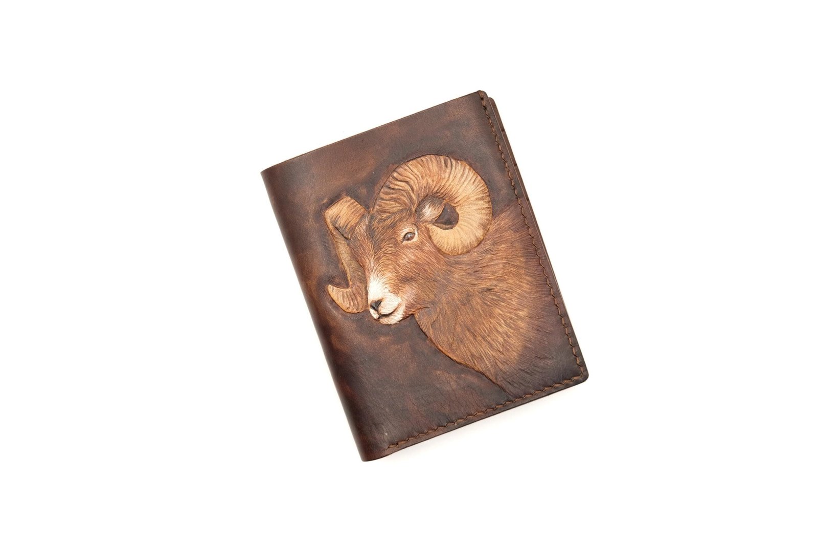 Tall Bifold Leather Wallet with Hand-Carved Ram – Rugged Wildlife Gift – Rustic Men's Wallet - Image 3