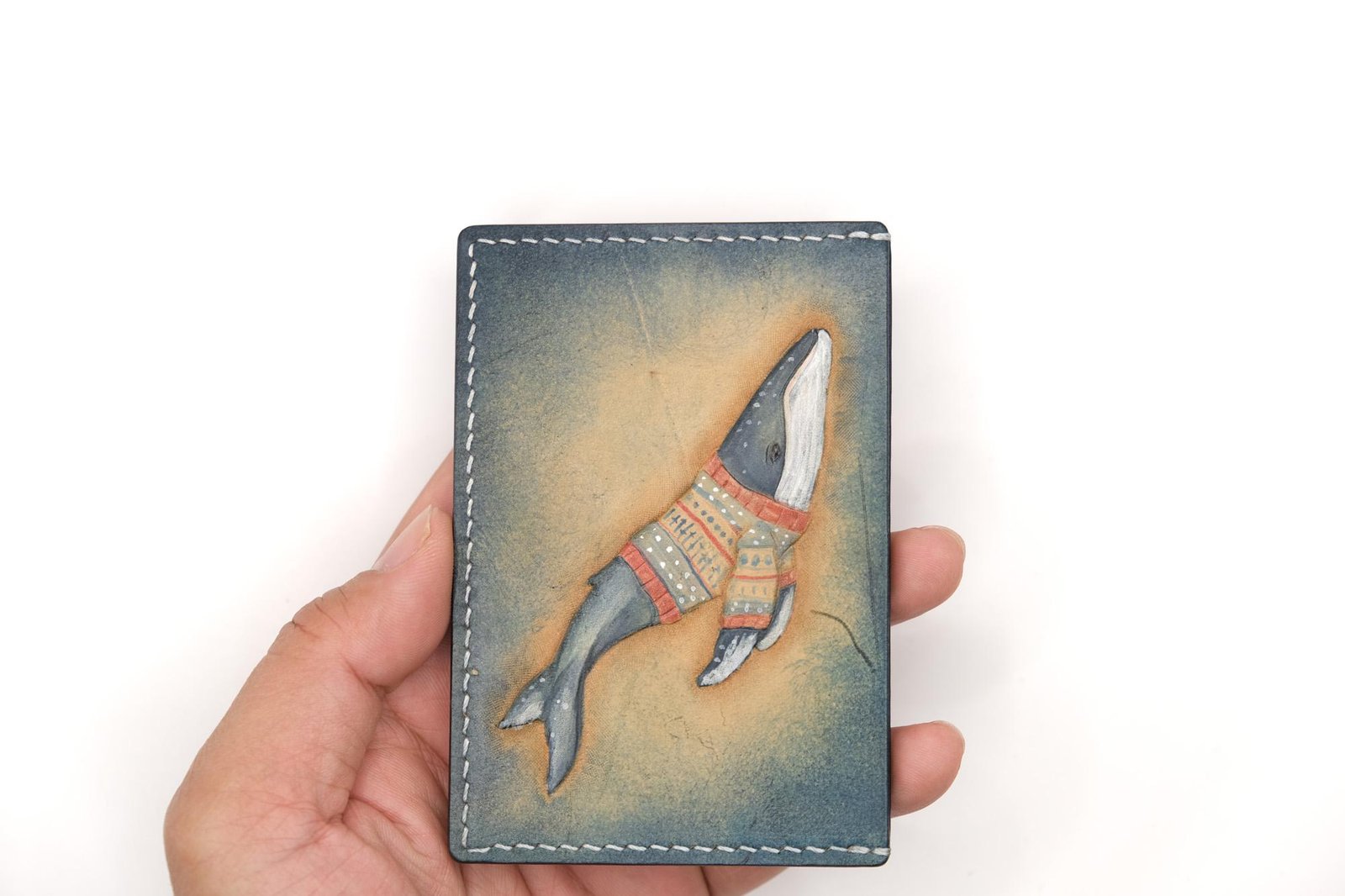 Leather Card Holder with Hand-Carved Whale in Sweater – Whale Wallet – Ocean Lover Gift – Minimalist Wallet - Image 2
