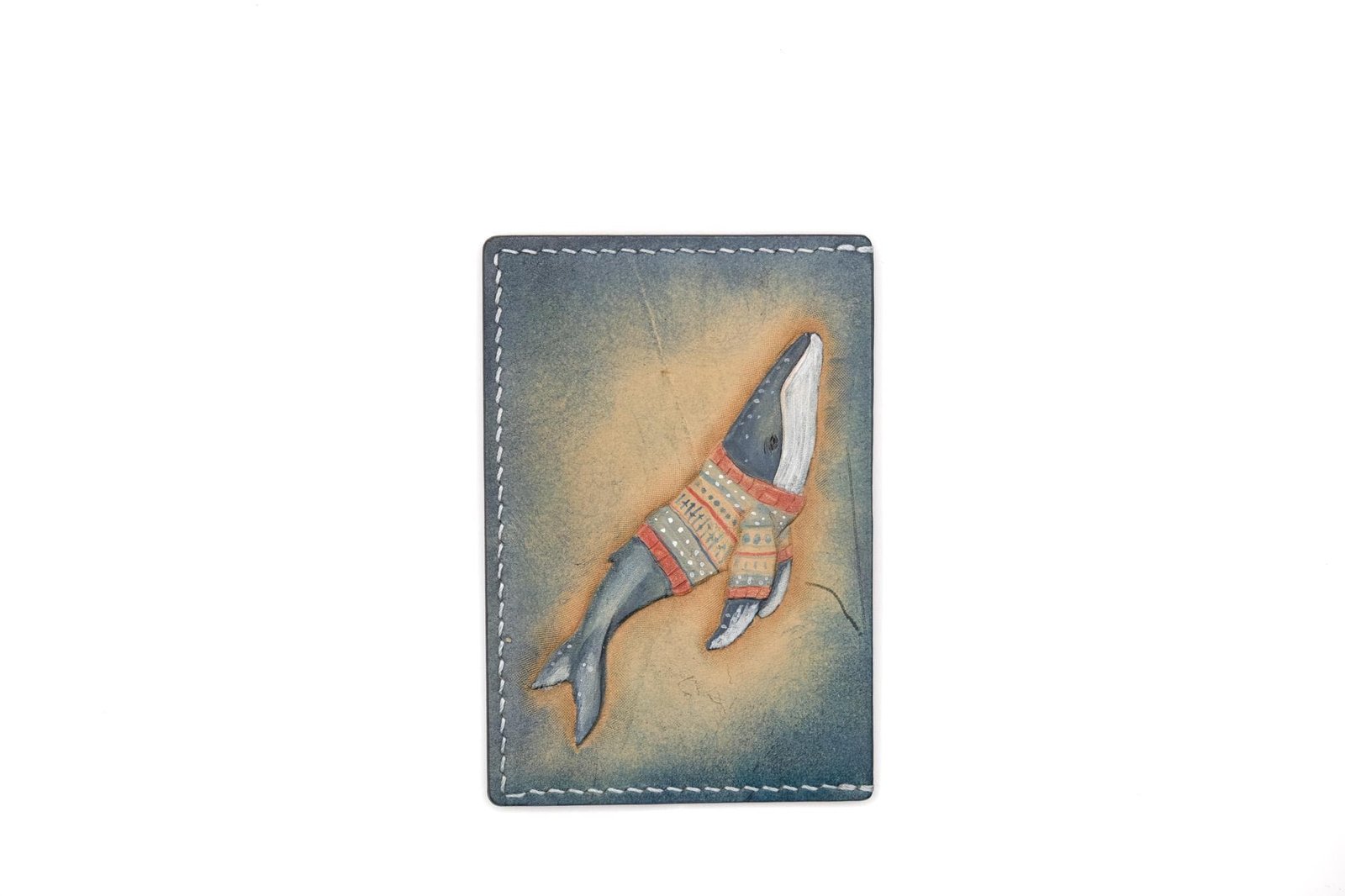 Leather Card Holder with Hand-Carved Whale in Sweater – Whale Wallet – Ocean Lover Gift – Minimalist Wallet