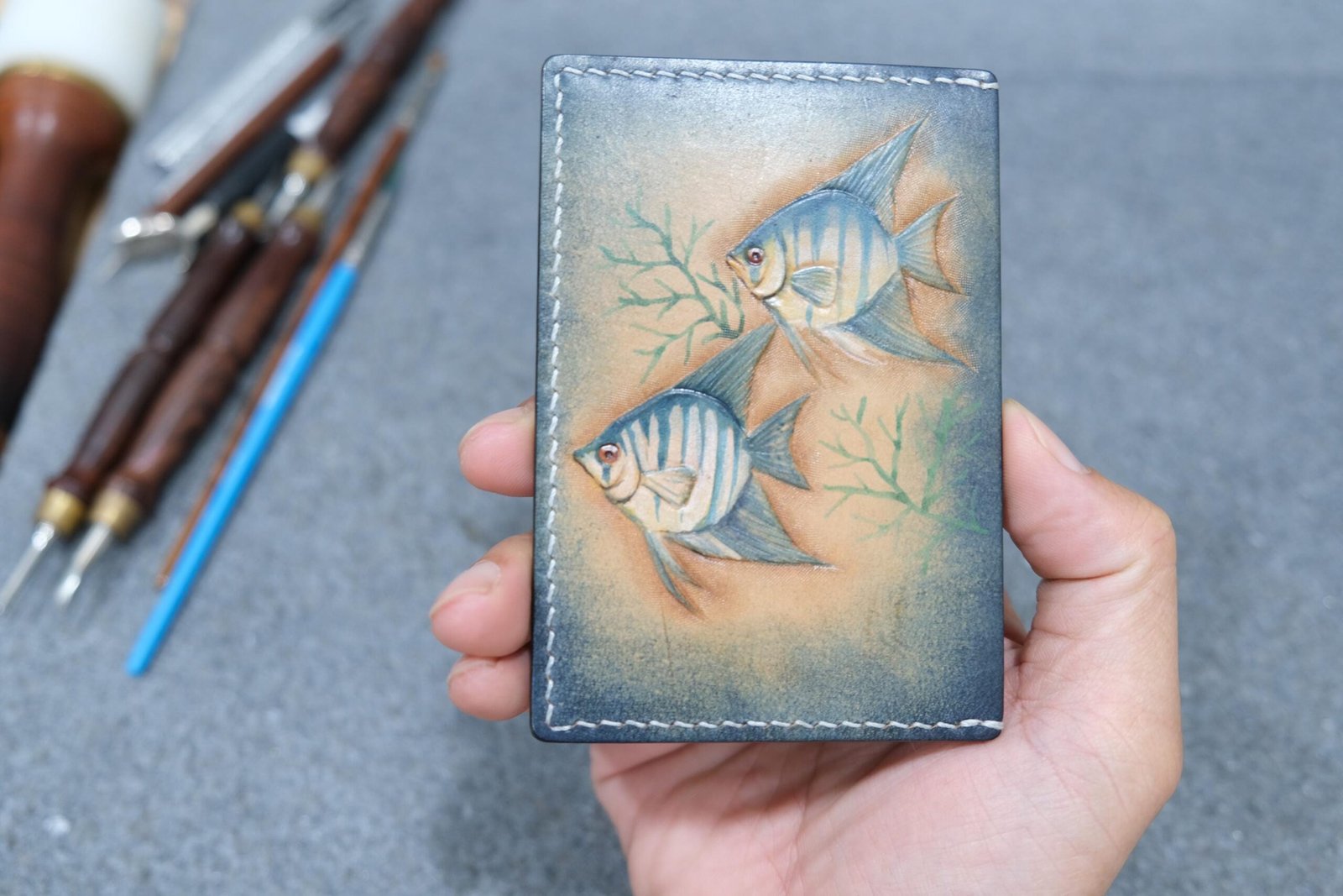 Hand-Carved Leather Card Holder with Twin Fish – Marine Gift for Him or Her - Image 4