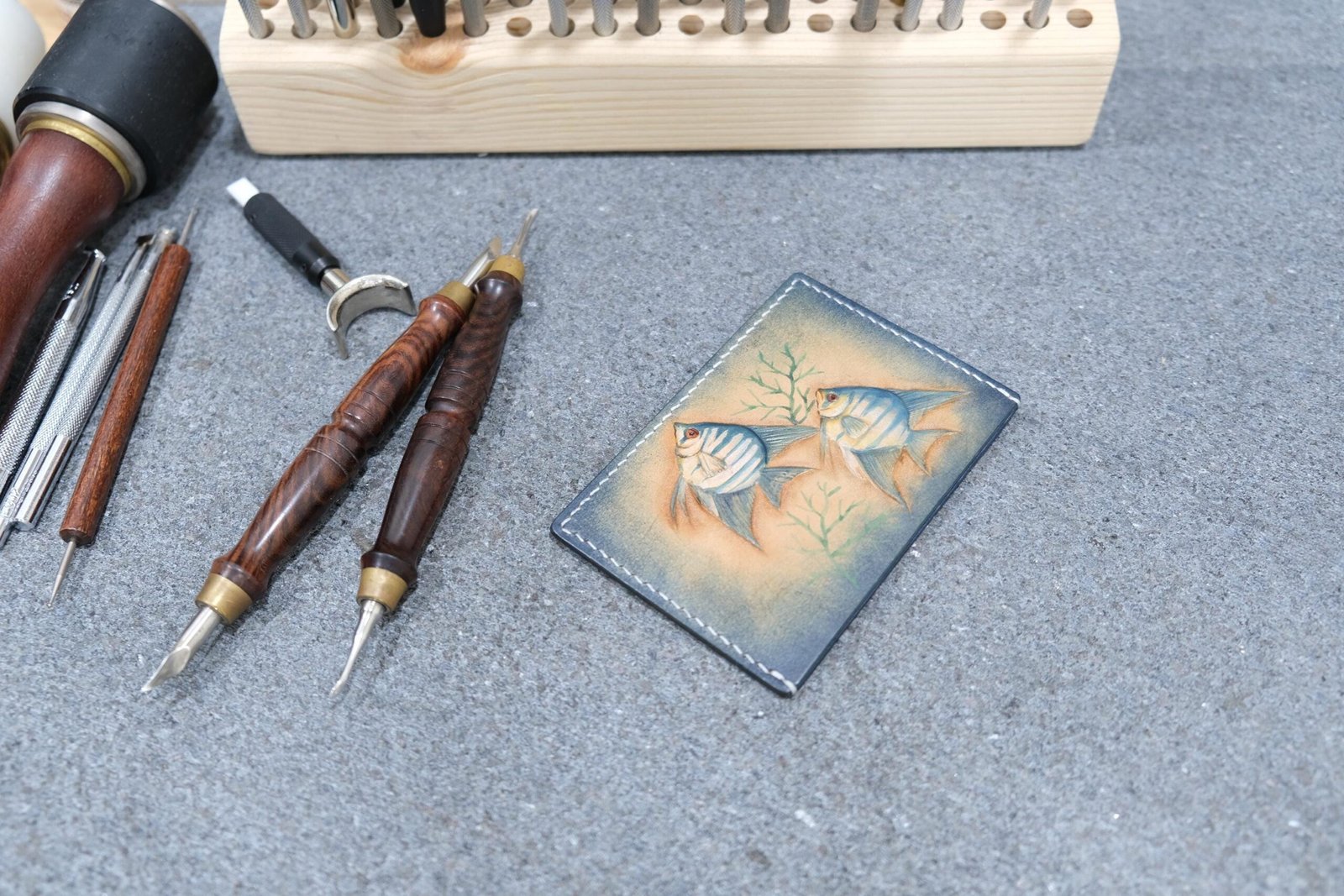 Hand-Carved Leather Card Holder with Twin Fish – Marine Gift for Him or Her - Image 3