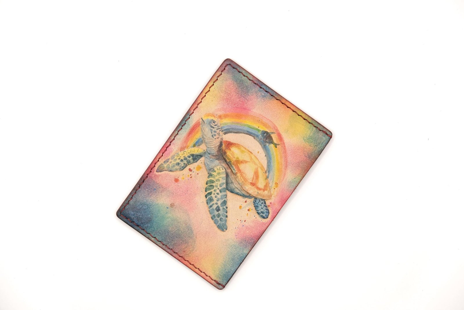 Hand-Carved Sea Turtle Leather Card Holder with Rainbow – Colorful Ocean Wallet, Hawaii Gift for Her or Him - Image 6