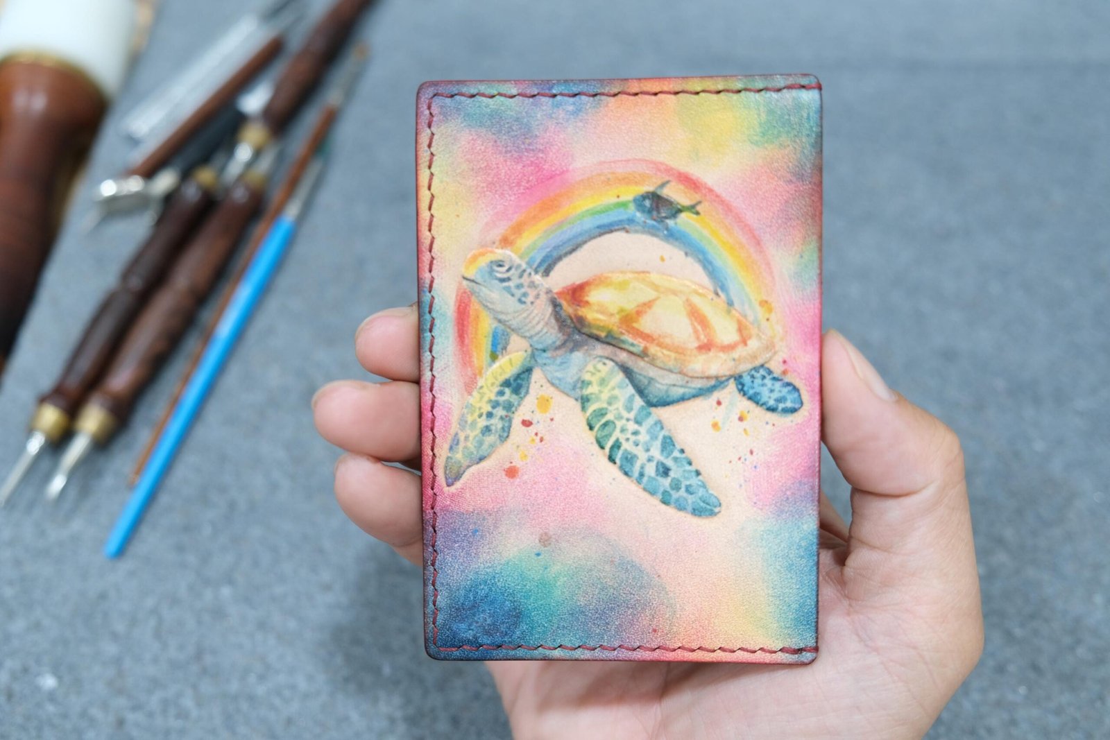 Hand-Carved Sea Turtle Leather Card Holder with Rainbow – Colorful Ocean Wallet, Hawaii Gift for Her or Him - Image 4