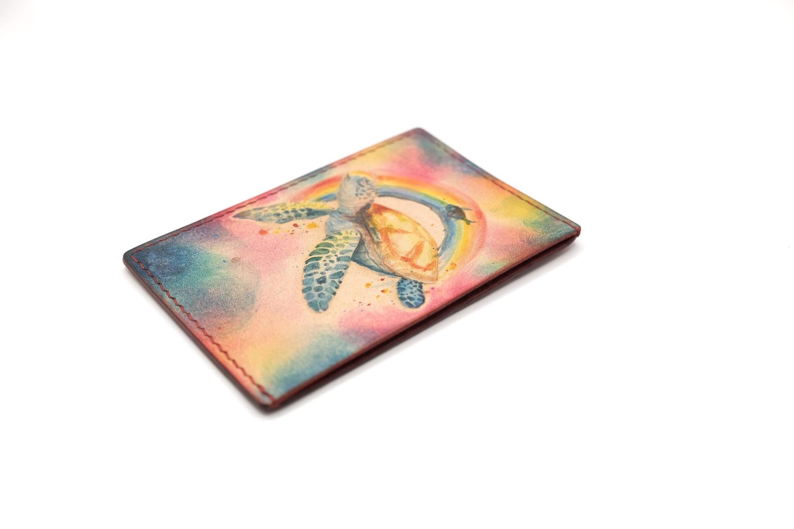 Hand-Carved Sea Turtle Leather Card Holder with Rainbow – Colorful Ocean Wallet, Hawaii Gift for Her or Him - Image 7