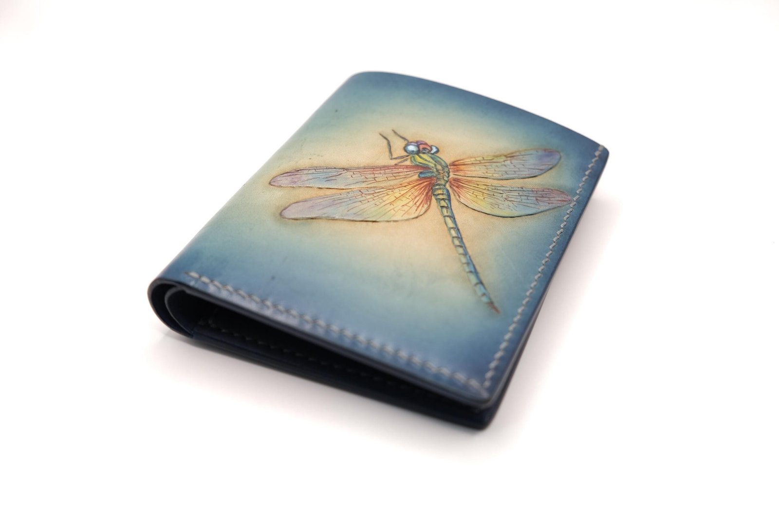 Vertical Bifold Leather Wallet with Hand-Carved Dragonfly – Handmade & Unique Leather Wallet for Her - Image 2