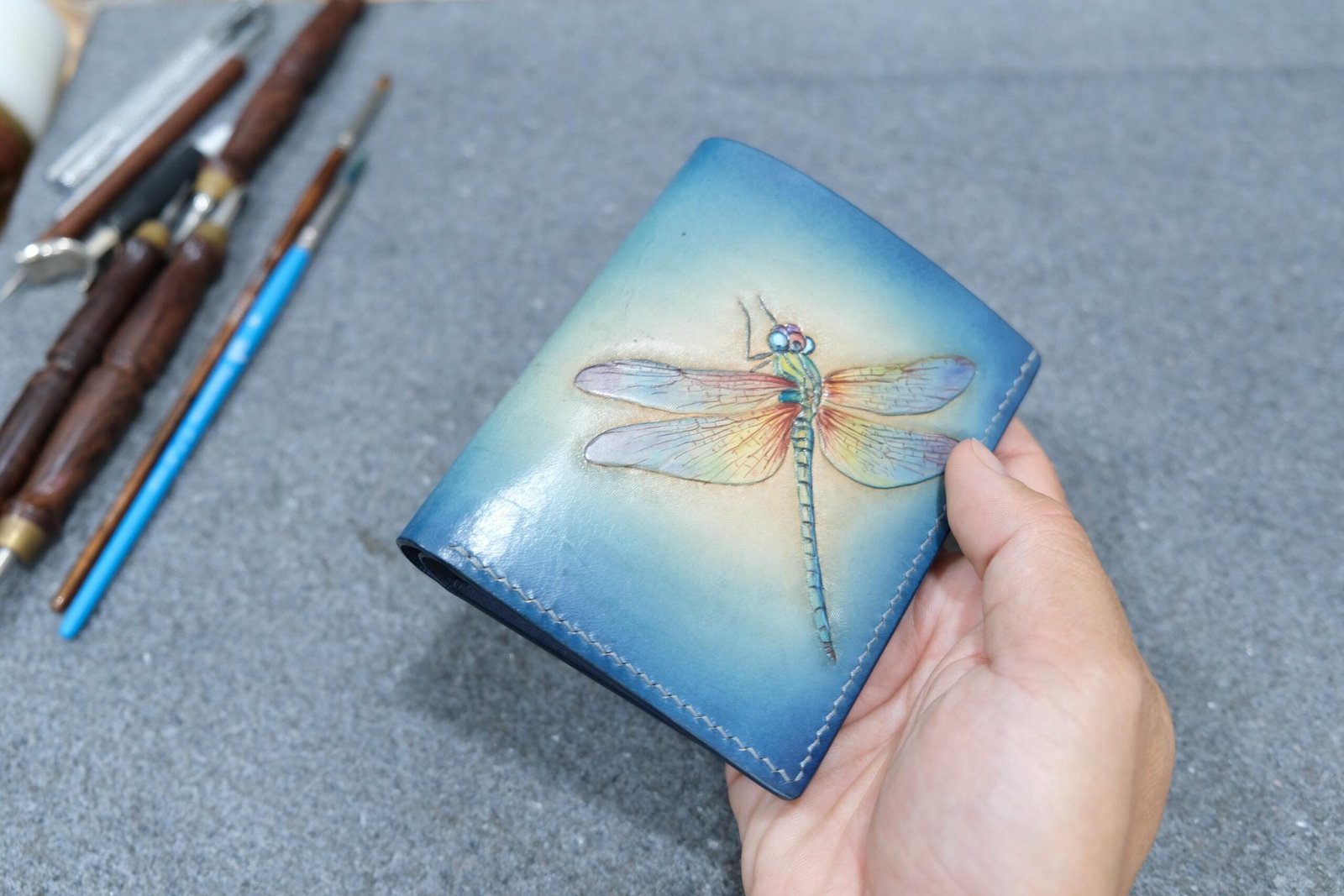 Vertical Bifold Leather Wallet with Hand-Carved Dragonfly – Handmade & Unique Leather Wallet for Her - Image 4