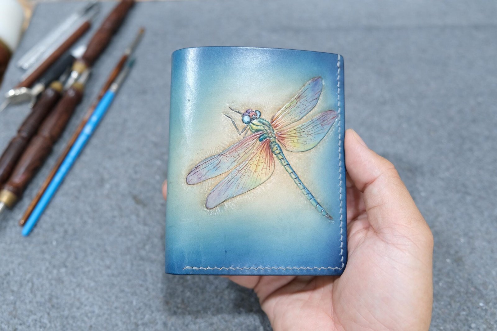 Vertical Bifold Leather Wallet with Hand-Carved Dragonfly – Handmade & Unique Leather Wallet for Her - Image 3