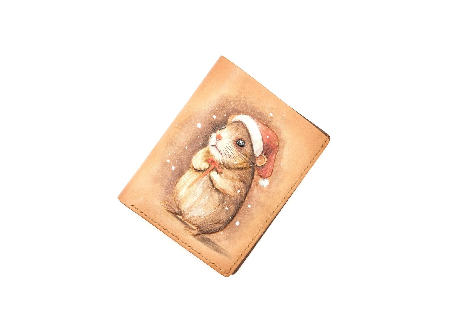 Vertical Bifold Leather Wallet with Hand-Carved Christmas Hamster – Holiday, Winter Art Wallet - Image 3