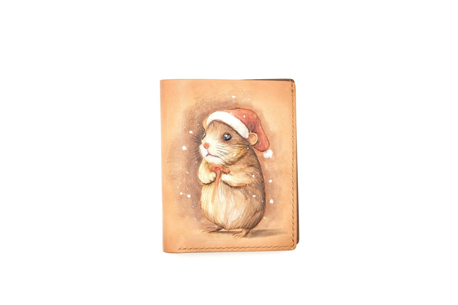 Vertical Bifold Leather Wallet with Hand-Carved Christmas Hamster – Holiday, Winter Art Wallet