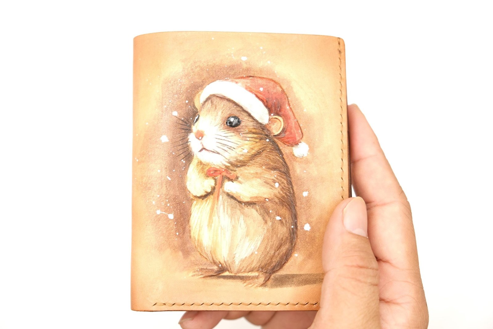 Vertical Bifold Leather Wallet with Hand-Carved Christmas Hamster – Holiday, Winter Art Wallet - Image 8