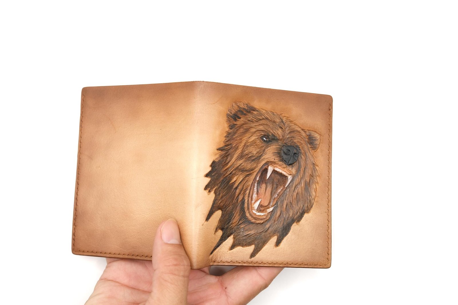 Vertical Bifold Leather Wallet with Hand-Carved Grizzly Bear – Handmade Bear Wallet, Wild Animal Gift for Him - Image 5