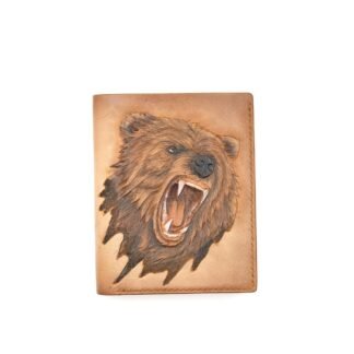 Vertical Bifold Leather Wallet with Hand-Carved Grizzly Bear – Handmade Bear Wallet, Wild Animal Gift for Him