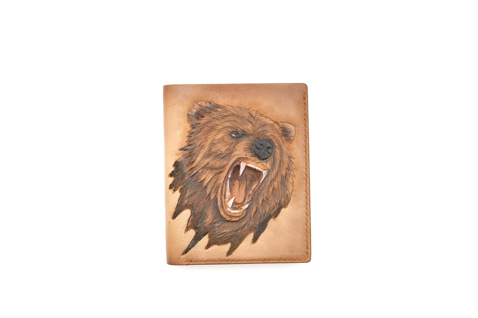 Vertical Bifold Leather Wallet with Hand-Carved Grizzly Bear – Handmade Bear Wallet, Wild Animal Gift for Him