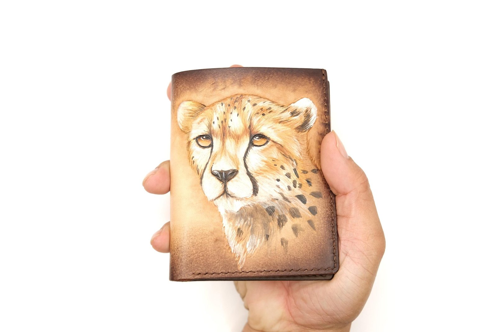Vertical Bifold Leather Wallet with Hand-Carved Cheetah – Handmade Wild Cat Wallet, Safari Gift for Him - Image 4