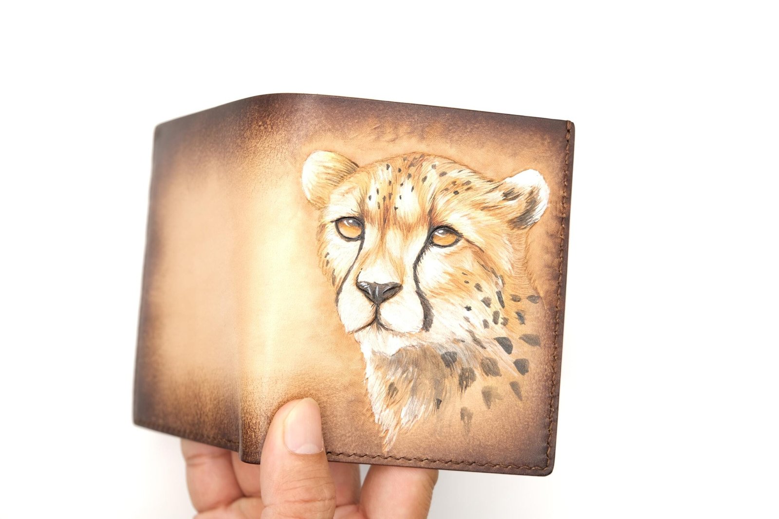 Vertical Bifold Leather Wallet with Hand-Carved Cheetah – Handmade Wild Cat Wallet, Safari Gift for Him - Image 8