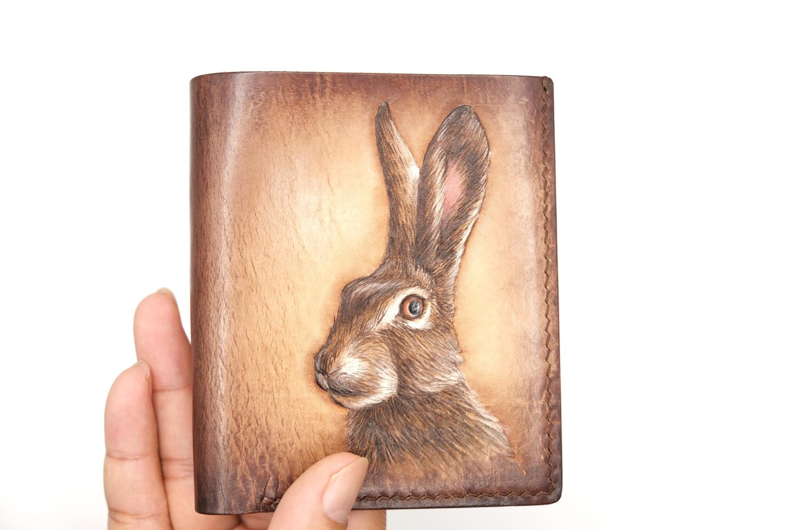 Vertical Bifold Leather Wallet with Hand-Carved Rabbit – Bunny Wallet, Gift for Him or Her - Image 2