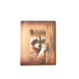 Vertical Bifold Leather Wallet with Hand-Carved Raccoon – Forest Wildlife Wallet, Unique Gift