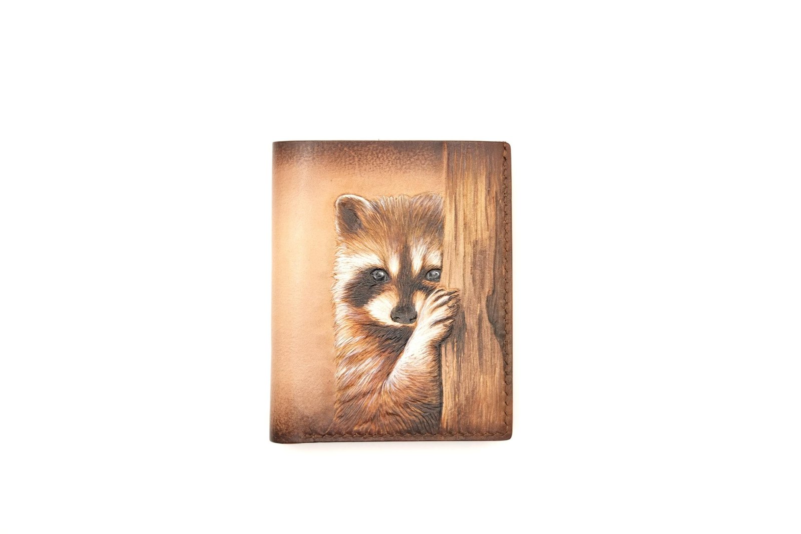Vertical Bifold Leather Wallet with Hand-Carved Raccoon – Forest Wildlife Wallet, Unique Gift