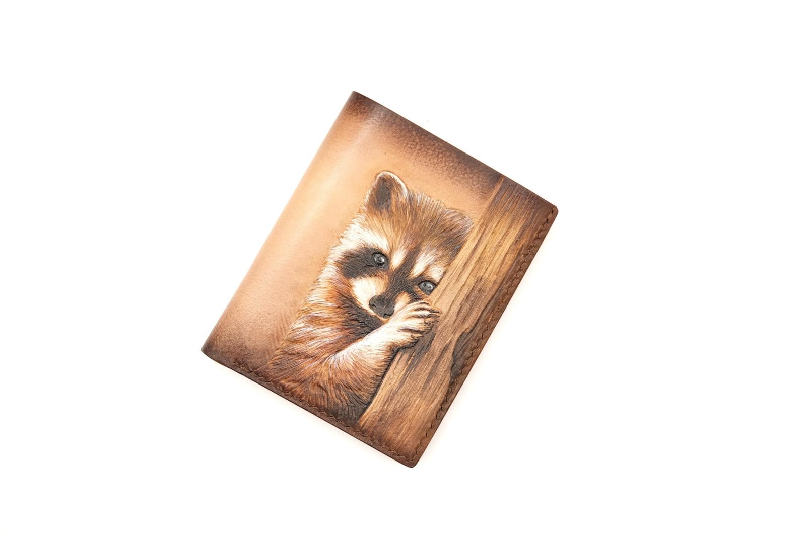 Vertical Bifold Leather Wallet with Hand-Carved Raccoon – Forest Wildlife Wallet, Unique Gift - Image 2