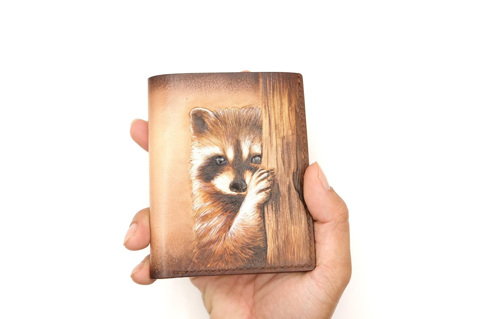 Vertical Bifold Leather Wallet with Hand-Carved Raccoon – Forest Wildlife Wallet, Unique Gift - Image 5