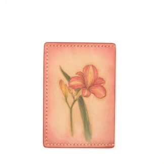 Hand-Carved Leather Card Holder with Daylily – Floral Leather Card Case – Hand-Painted Nature-Inspired Gift for Her