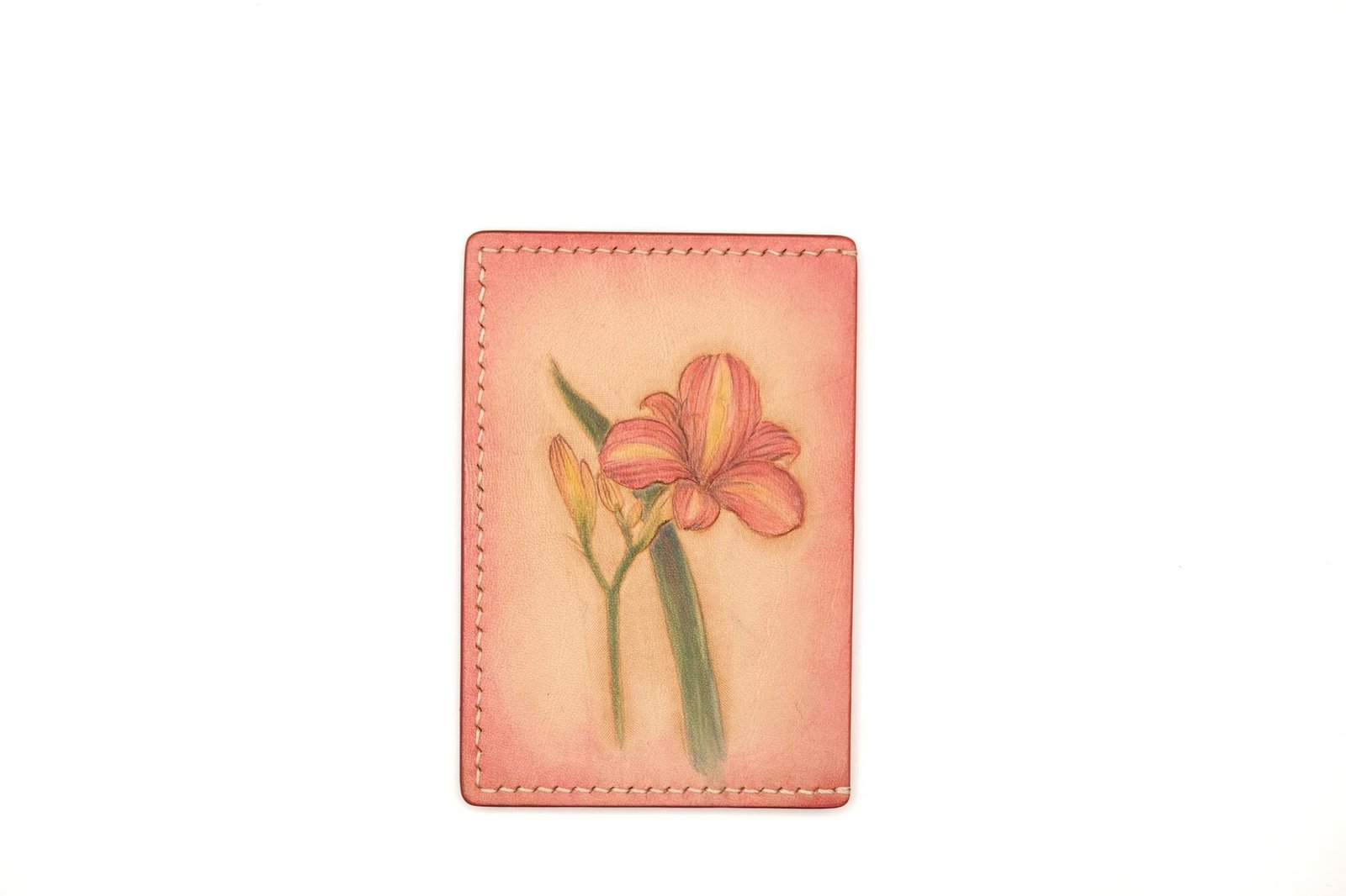 Hand-Carved Leather Card Holder with Daylily – Floral Leather Card Case – Hand-Painted Nature-Inspired Gift for Her