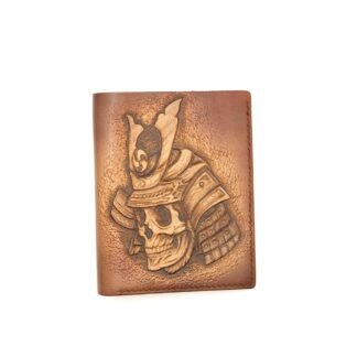 Vertical Bifold Leather Wallet with Hand-Carved Samurai Skull – Warrior Skull Wallet, Gift for Him