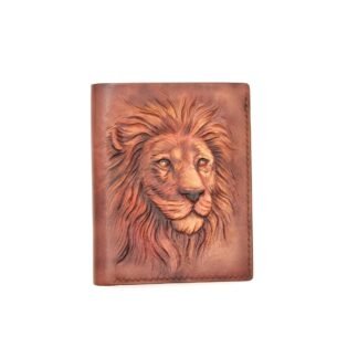 Tall Bifold Leather Wallet with Hand-Carved Lion Head – King of the Jungle Wallet – Gift for Him