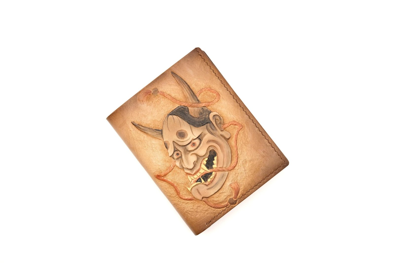 Tall Bifold Leather Wallet with Hand-Carved Japanese Oni Mask – Samurai Demon – Unique Wallet - Image 4