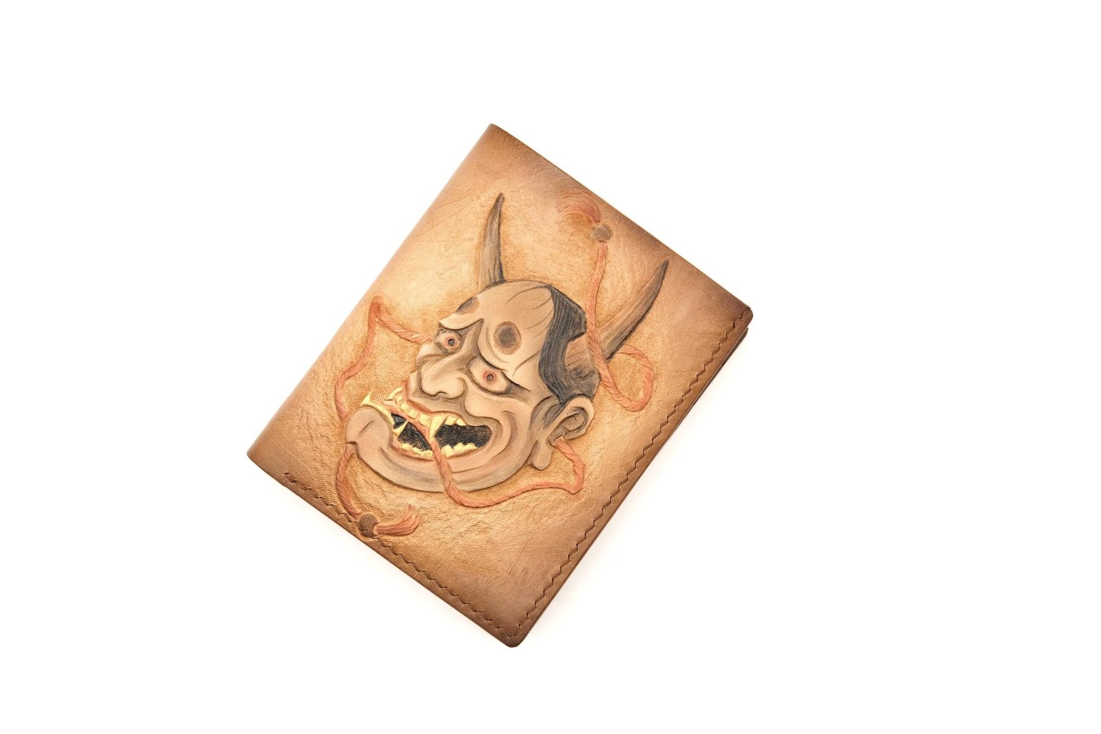 Tall Bifold Leather Wallet with Hand-Carved Japanese Oni Mask – Samurai Demon – Unique Wallet - Image 3
