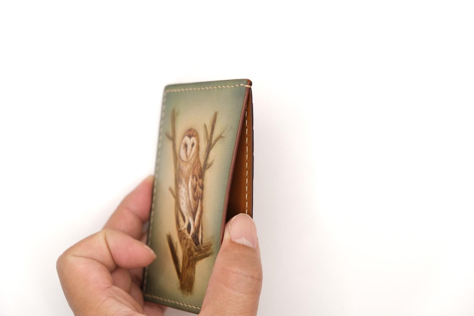 Hand-Carved Leather Card Holder with Barn Owl – Woodland Slim Wallet - Image 2