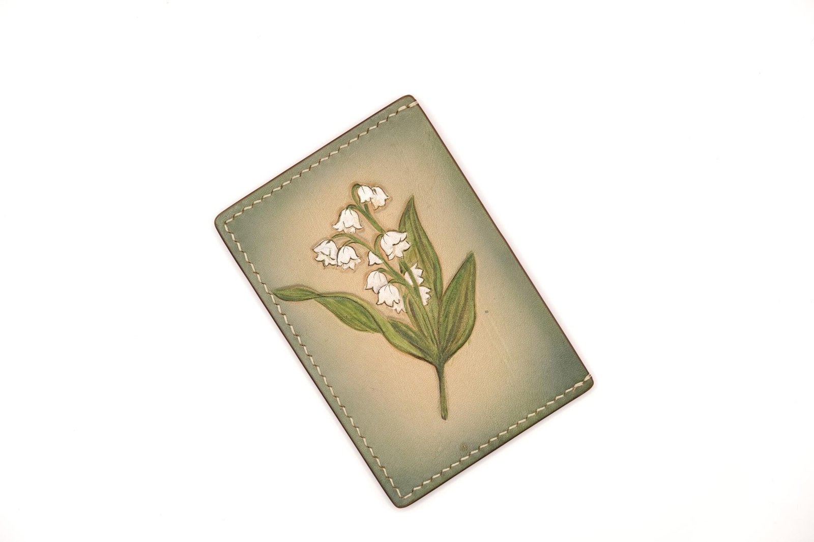 Hand-Carved Leather Card Holder with Lily of the Valley – Hand-Painted Floral Leather Card Case – Best Gift for Her - Image 2