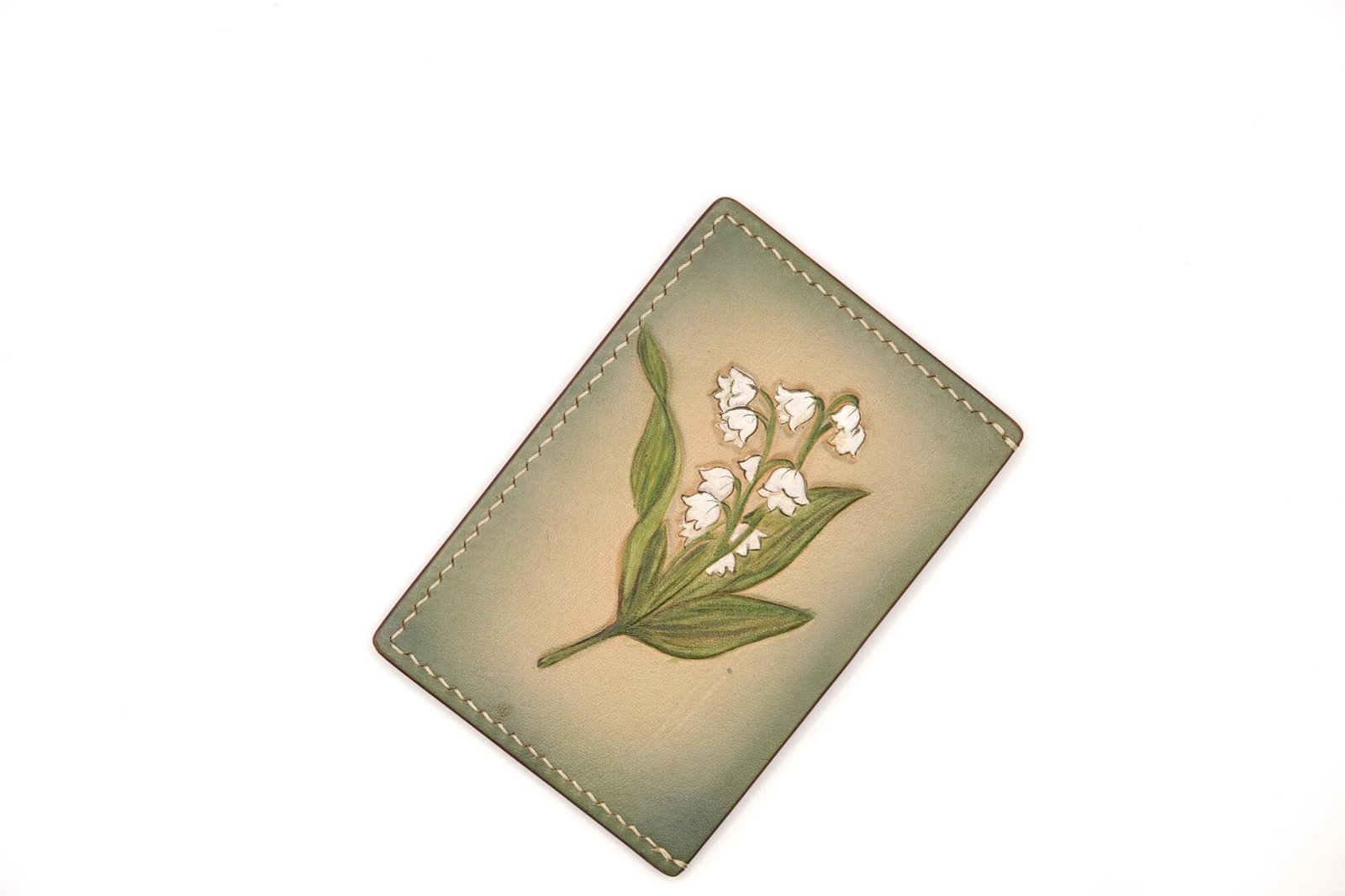 Hand-Carved Leather Card Holder with Lily of the Valley – Hand-Painted Floral Leather Card Case – Best Gift for Her - Image 3