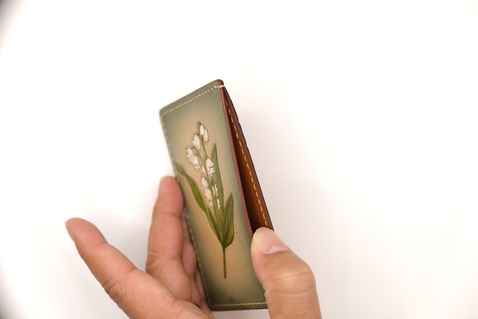 Hand-Carved Leather Card Holder with Lily of the Valley – Hand-Painted Floral Leather Card Case – Best Gift for Her - Image 7