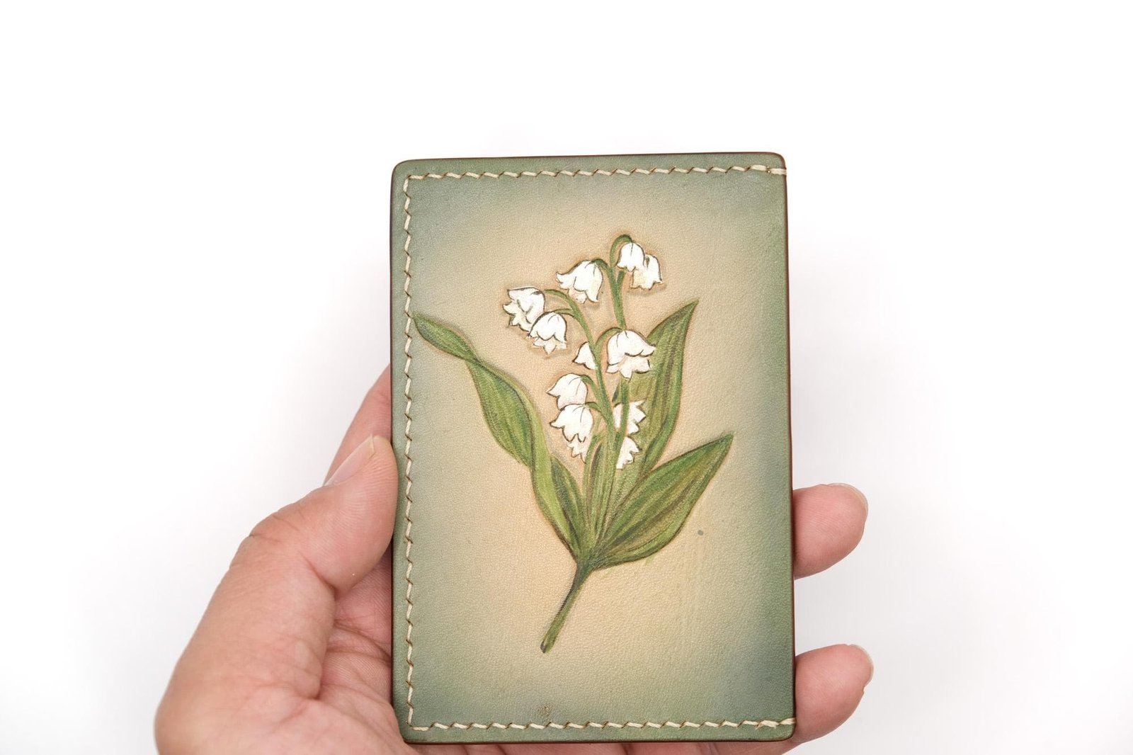 Hand-Carved Leather Card Holder with Lily of the Valley – Hand-Painted Floral Leather Card Case – Best Gift for Her - Image 9