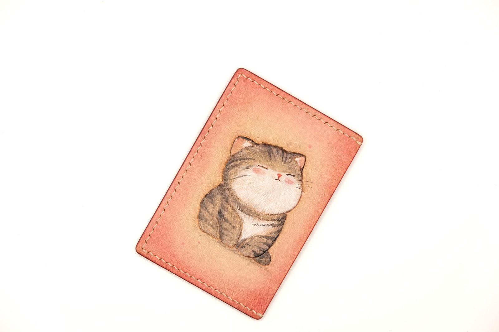 Hand-Carved Leather Card Holder with Smiling Tabby Cat – Cute Cat Slim Wallet – Gift for Cat Lovers - Image 2