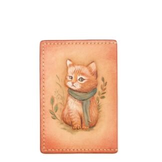 Hand-Carved Leather Card Holder with Orange Cat in Scarf – Cozy Cat Slim Wallet – Autumn Leather Card Case – Gift for Cat Lovers