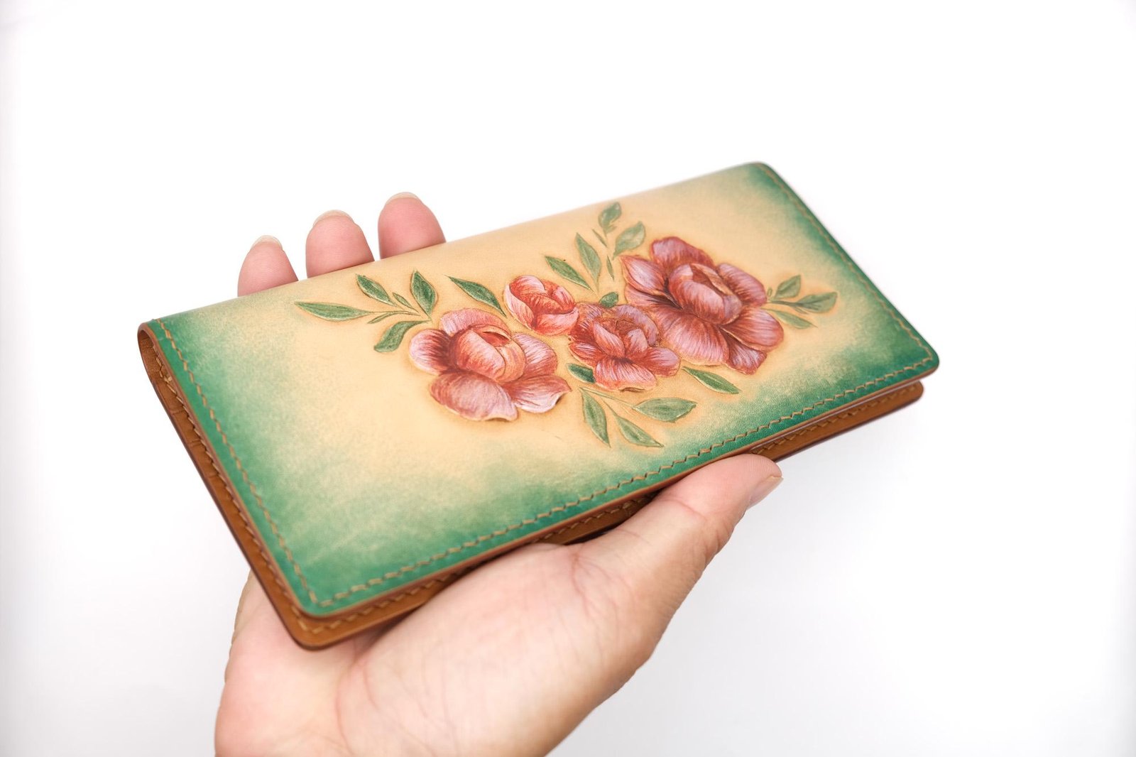 Hand-Carved Leather Long Wallet with Blossoms – Botanical Leather Clutch – Handmade Nature-Inspired Gift - Image 4
