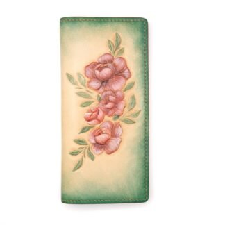 Hand-Carved Leather Long Wallet with Blossoms – Botanical Leather Clutch – Handmade Nature-Inspired Gift