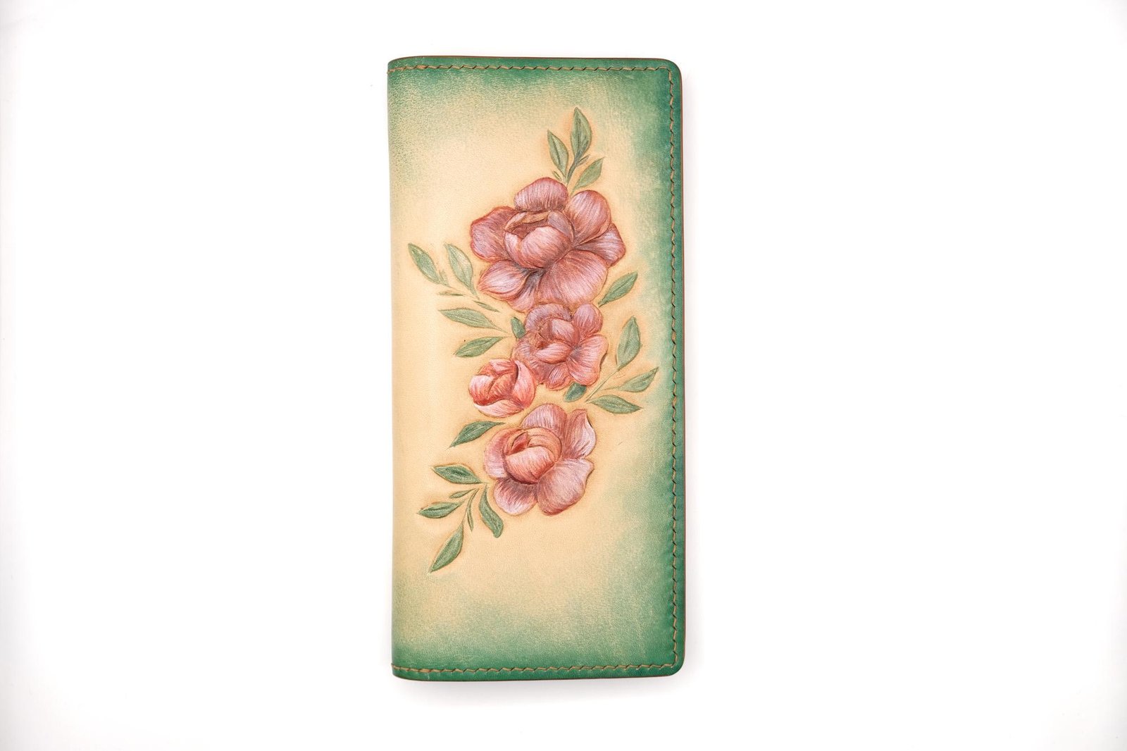 Hand-Carved Leather Long Wallet with Blossoms – Botanical Leather Clutch – Handmade Nature-Inspired Gift