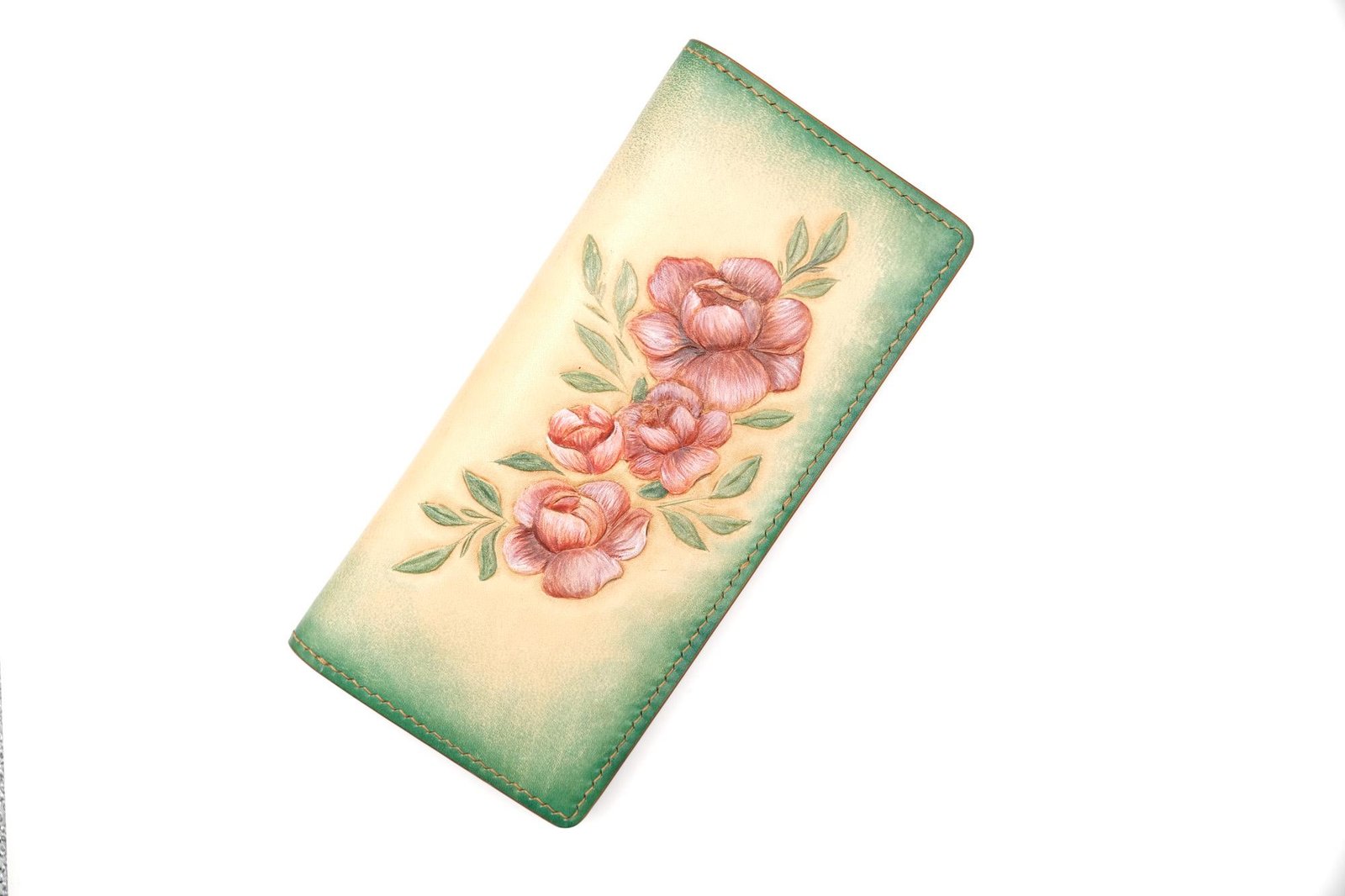 Hand-Carved Leather Long Wallet with Blossoms – Botanical Leather Clutch – Handmade Nature-Inspired Gift - Image 2