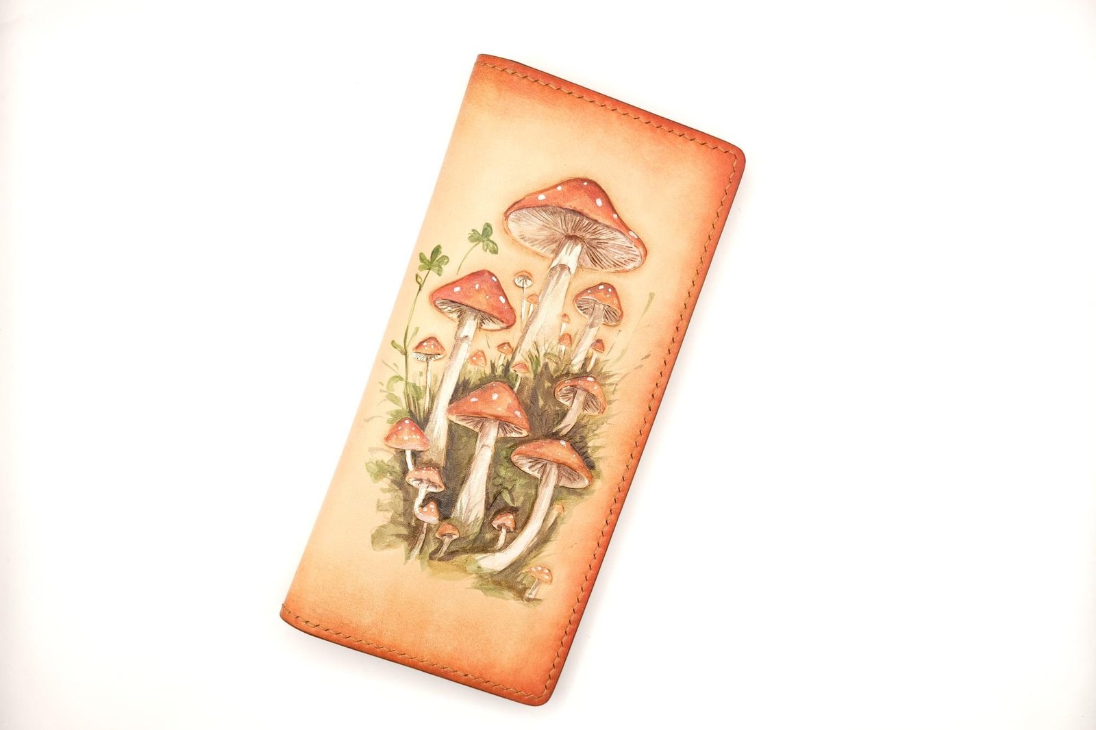 Hand-Carved Leather Long Wallet with Mushrooms – Forest-Inspired Leather Clutch – Botanical Fungi Wallet - Image 2